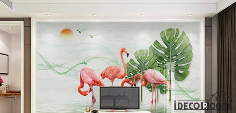 Image of leaves flamingo microcrystalline mosaic marble wallpaper wall murals IDCWP-HL-000127