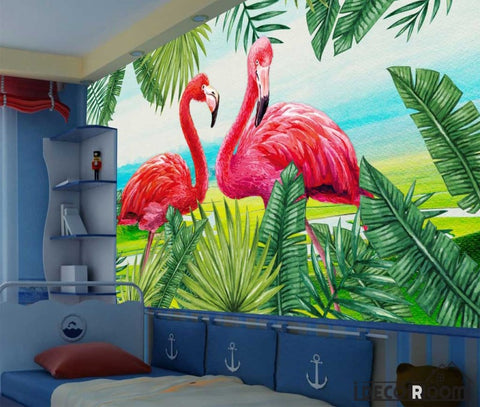 Image of Nordic style plant flamingo wallpaper wall murals IDCWP-HL-000135