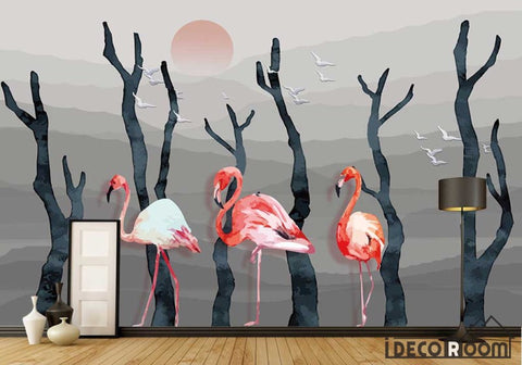 Image of Modern Abstract Ink Painting Trunk Flamingo wallpaper wall murals IDCWP-HL-000136
