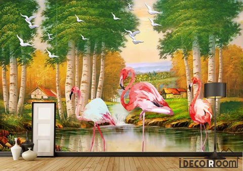 Image of Flamingo oil painting Nordic wallpaper wall murals IDCWP-HL-000142