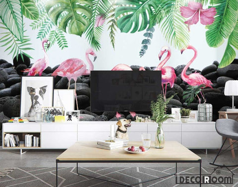 Image of Nordic wind tropical rainforest plant flamingo wallpaper wall murals IDCWP-HL-000143