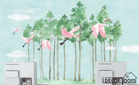 Image of Nordic flamingo forest wallpaper wall murals IDCWP-HL-000147