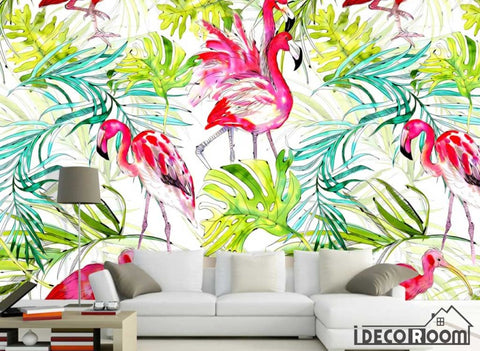 Image of creative tropical rainforest plant flamingo wallpaper wall murals IDCWP-HL-000150