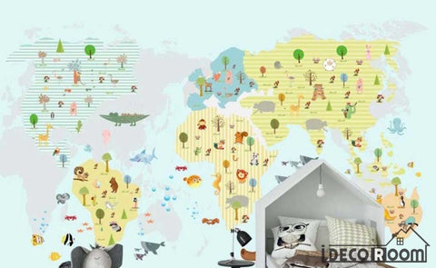 Image of cartoon animal map kindergarten park wallpaper wall murals IDCWP-HL-000152