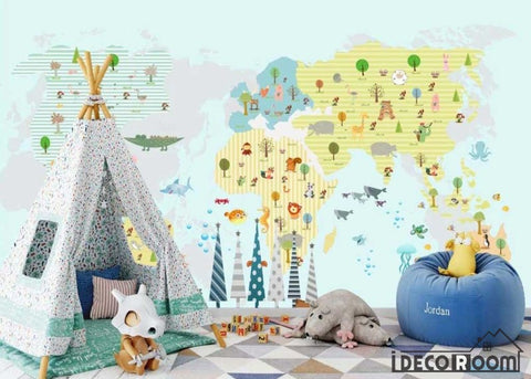 Image of cartoon animal map kindergarten park wallpaper wall murals IDCWP-HL-000152