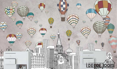 Image of Nordic geometric city building hot air balloon wallpaper wall murals IDCWP-HL-000156