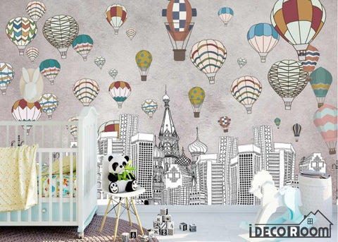 Image of Nordic geometric city building hot air balloon wallpaper wall murals IDCWP-HL-000156
