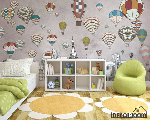 Image of Nordic geometric city building hot air balloon wallpaper wall murals IDCWP-HL-000156