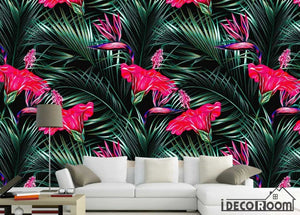illustration tropical plant flamingo wallpaper wall murals IDCWP-HL-000162