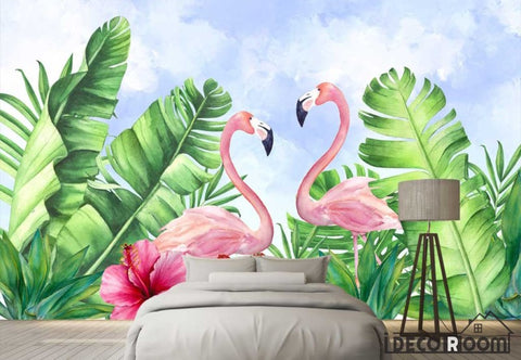 Image of Nordic plant green leaf flamingo wallpaper wall murals IDCWP-HL-000164