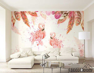 Medieval  flamingo pink watercolor feather wallpaper wall murals IDCWP-HL-000168