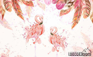 Medieval  flamingo pink watercolor feather wallpaper wall murals IDCWP-HL-000168