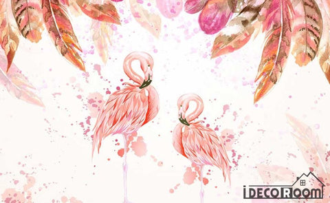 Image of Medieval flamingo pink watercolor feather wallpaper wall murals IDCWP-HL-000168