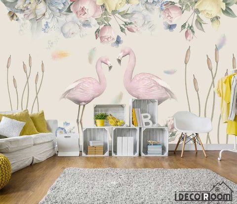 Image of Nordic  floral flamingo wallpaper wall murals IDCWP-HL-000171