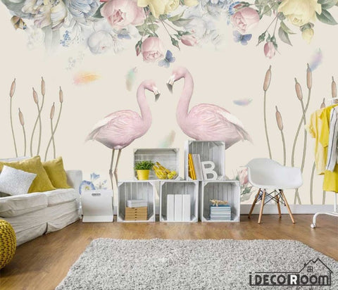 Image of Nordic floral flamingo wallpaper wall murals IDCWP-HL-000171