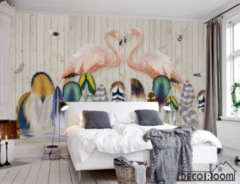 Image of Nordic feather flamingo wallpaper wall murals IDCWP-HL-000174