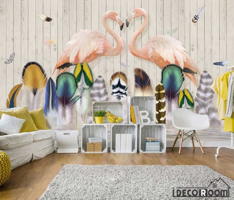 Image of Nordic feather flamingo wallpaper wall murals IDCWP-HL-000174