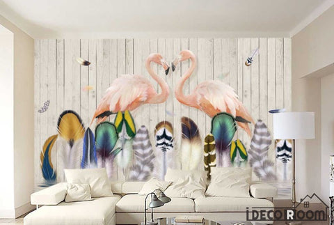 Image of Nordic feather flamingo wallpaper wall murals IDCWP-HL-000174
