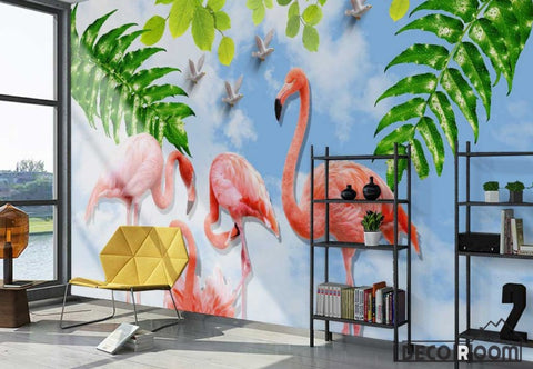Image of Nordic minimalist flamingo green leafy sofa wallpaper wall murals IDCWP-HL-000175