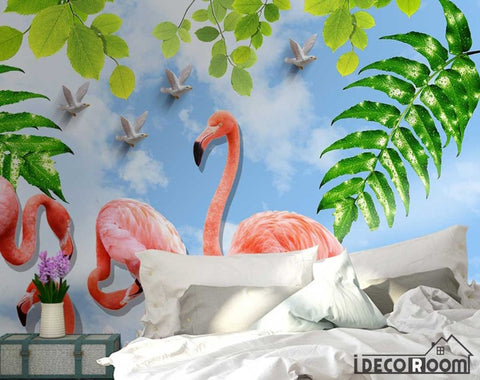 Image of Nordic minimalist flamingo green leafy sofa wallpaper wall murals IDCWP-HL-000175