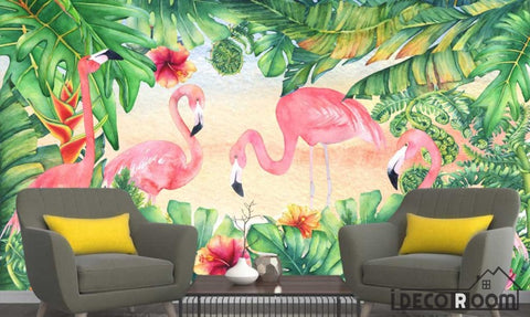 Image of Nordic flamingo plant flower wallpaper wall murals IDCWP-HL-000181