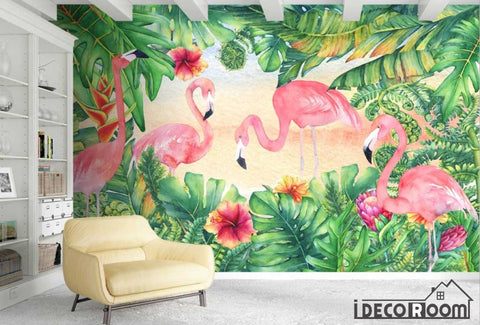 Image of Nordic flamingo plant flower wallpaper wall murals IDCWP-HL-000181