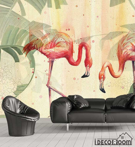 Image of tropical plant leaves flamingo wallpaper wall murals IDCWP-HL-000182