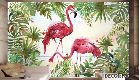 Image of Watercolor plant green leaf flamingo Nordic wallpaper fresco IDCWP-HL-000191