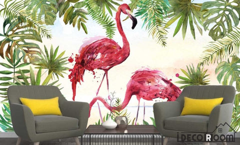 Image of Watercolor plant green leaf flamingo Nordic wallpaper fresco IDCWP-HL-000191
