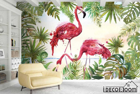 Image of Watercolor plant green leaf flamingo Nordic wallpaper fresco IDCWP-HL-000191