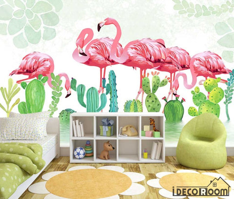 Image of Nordic cactus flamingo bedroom wallpaper wall murals IDCWP-HL-000196