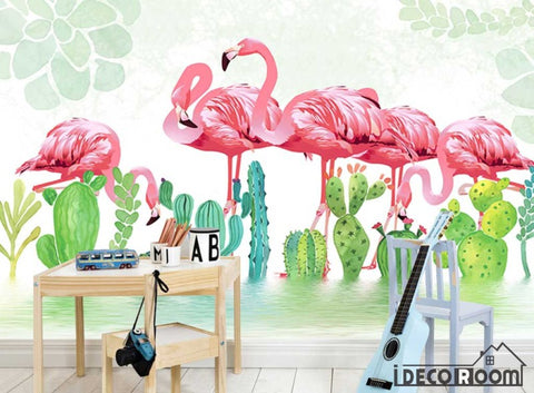 Image of Nordic cactus flamingo bedroom wallpaper wall murals IDCWP-HL-000196