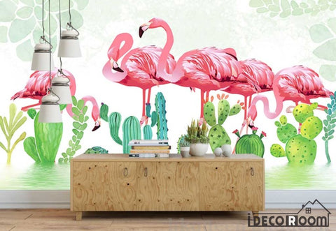 Image of Nordic cactus flamingo bedroom wallpaper wall murals IDCWP-HL-000196