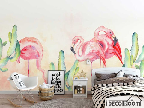 Image of Modern minimalist flamingo cactus children's wallpaper wall murals IDCWP-HL-000206