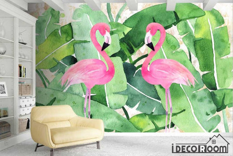 Image of Nordic plantain green leaf flamingo wallpaper wall murals IDCWP-HL-000220