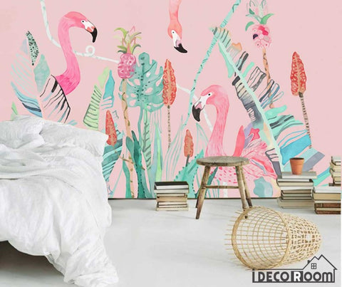 Image of Nordic flamingo plant wallpaper wall murals IDCWP-HL-000222