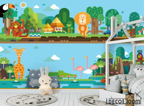 Image of Rainforest Animal World Lion Giraffe Flamingo wallpaper wall murals IDCWP-HL-000227