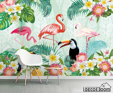 Image of Tropical plant parrot flamingo wallpaper wall murals IDCWP-HL-000232
