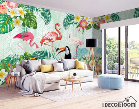 Image of Tropical plant parrot flamingo wallpaper wall murals IDCWP-HL-000232