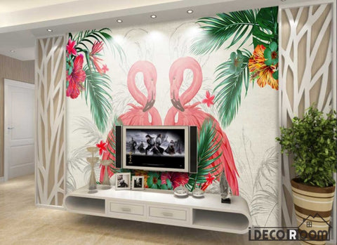 Image of Southeast Asian tropical plant flamingo bedside wallpaper wall murals IDCWP-HL-000249