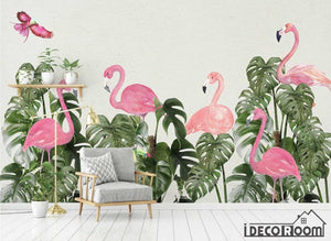 Scandinavian flamingo turtle leaves wallpaper wall murals IDCWP-HL-000255