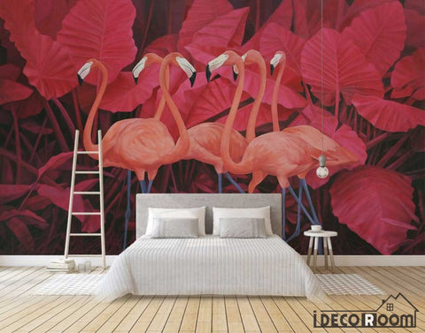 Image of Red tropical plant leaves flamingo wallpaper wall murals IDCWP-HL-000257