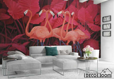 Image of Red tropical plant leaves flamingo wallpaper wall murals IDCWP-HL-000257