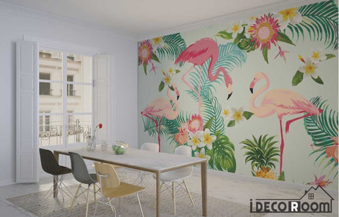 Image of minimalist pastoral flamingo tropical rainforest wallpaper wall murals IDCWP-HL-000263