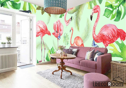 Image of Nordic flamingo plants tropical paradise wallpaper wall murals IDCWP-HL-000264