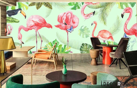 Image of Nordic flamingo plants tropical paradise wallpaper wall murals IDCWP-HL-000264