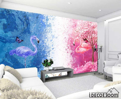 Image of Scandinavian Watercolor Blue Pink Flamingo wallpaper wall murals IDCWP-HL-000268