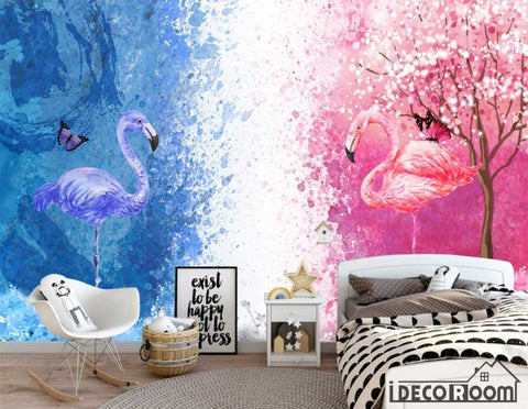 Image of Scandinavian Watercolor Blue Pink Flamingo wallpaper wall murals IDCWP-HL-000268
