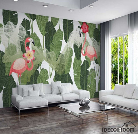 Image of rainforest banana leaf flamingo minimalist wallpaper wall murals IDCWP-HL-000269