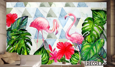 Image of Nordic tropical plants geometric flamingo wallpaper wall murals IDCWP-HL-000274